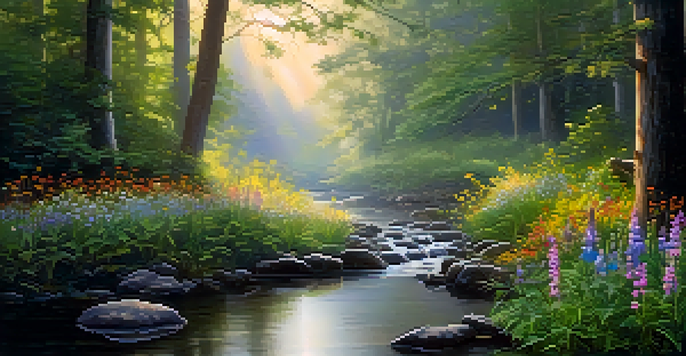 A peaceful forest landscape at dawn with mist, green trees, colorful flowers, and a reflective stream.