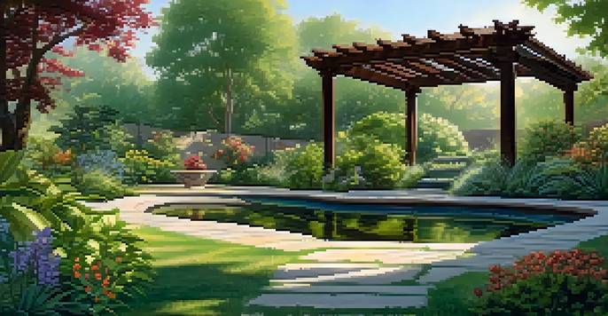 A peaceful garden microclimate showcasing a variety of plants, a small pond, and a pergola providing shade.