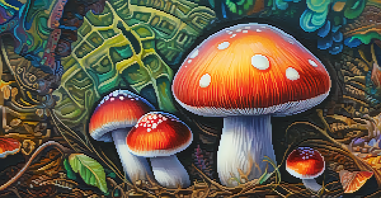 A close-up view of a brightly colored psychedelic mushroom with detailed textures.