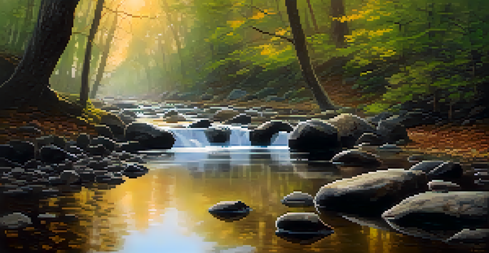 A peaceful forest at dawn with sunlight filtering through trees and a misty stream.