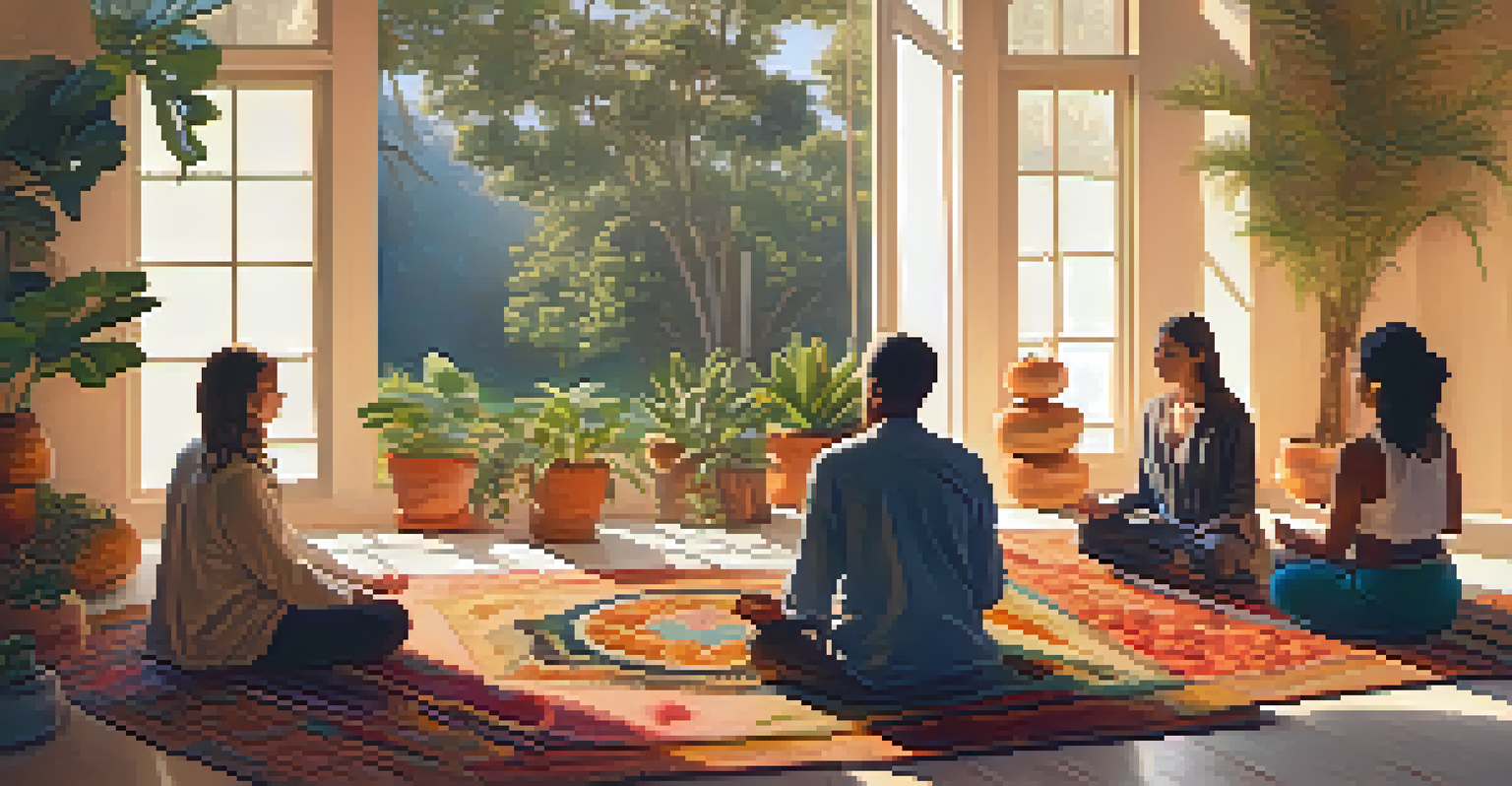 A peaceful meditation circle with individuals seated on colorful rugs, surrounded by plants and soft candlelight.