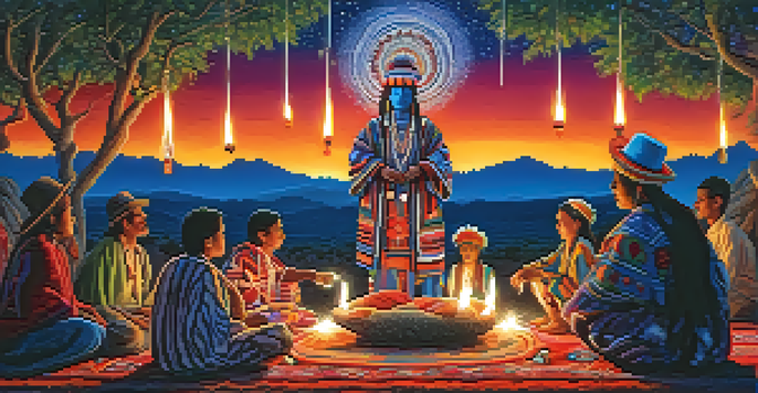 A Huichol shaman leading a peyote ceremony at night, with traditional textiles, candles, and a starry sky.