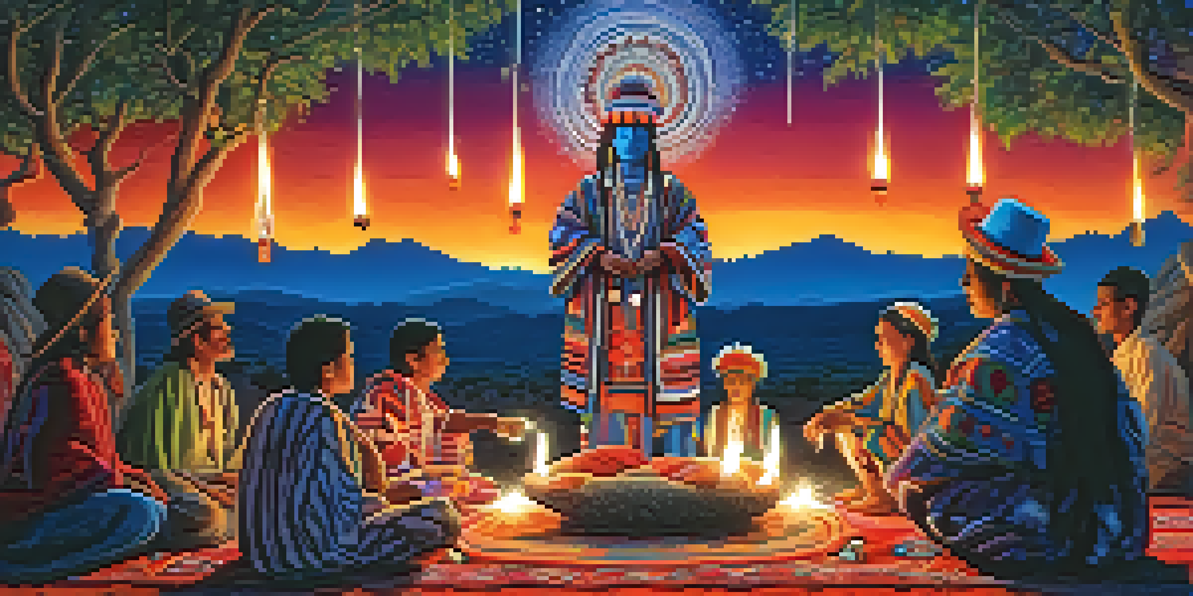A Huichol shaman leading a peyote ceremony at night, with traditional textiles, candles, and a starry sky.