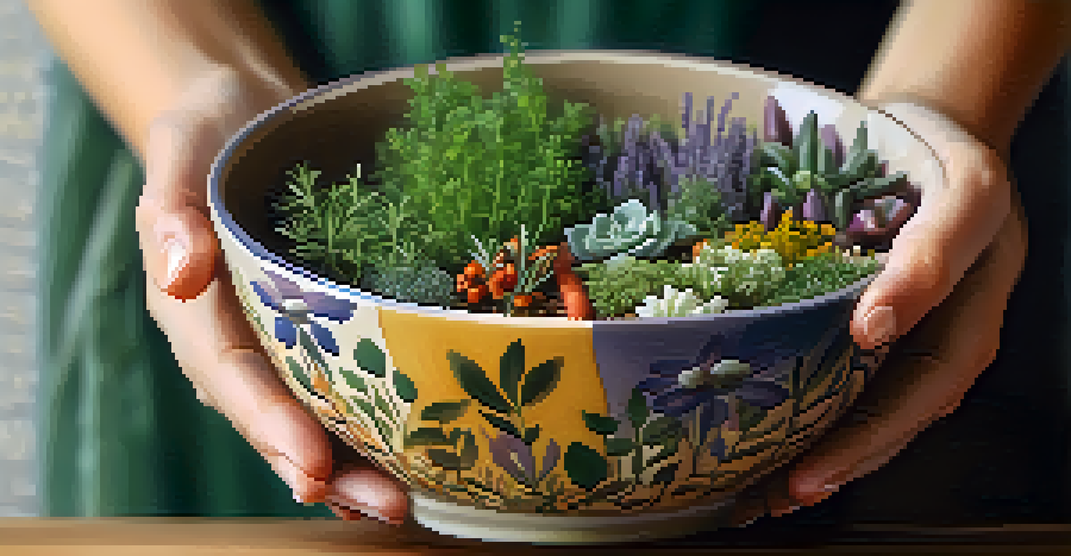 Close-up of hands holding a colorful ceramic bowl filled with herbs and plants, with a softly blurred background.