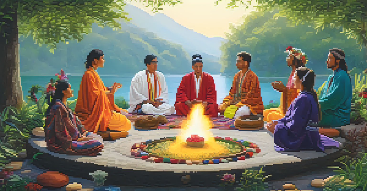A group of individuals in a natural setting participating in a traditional healing ceremony with entheogens, surrounded by vibrant flowers and greenery.