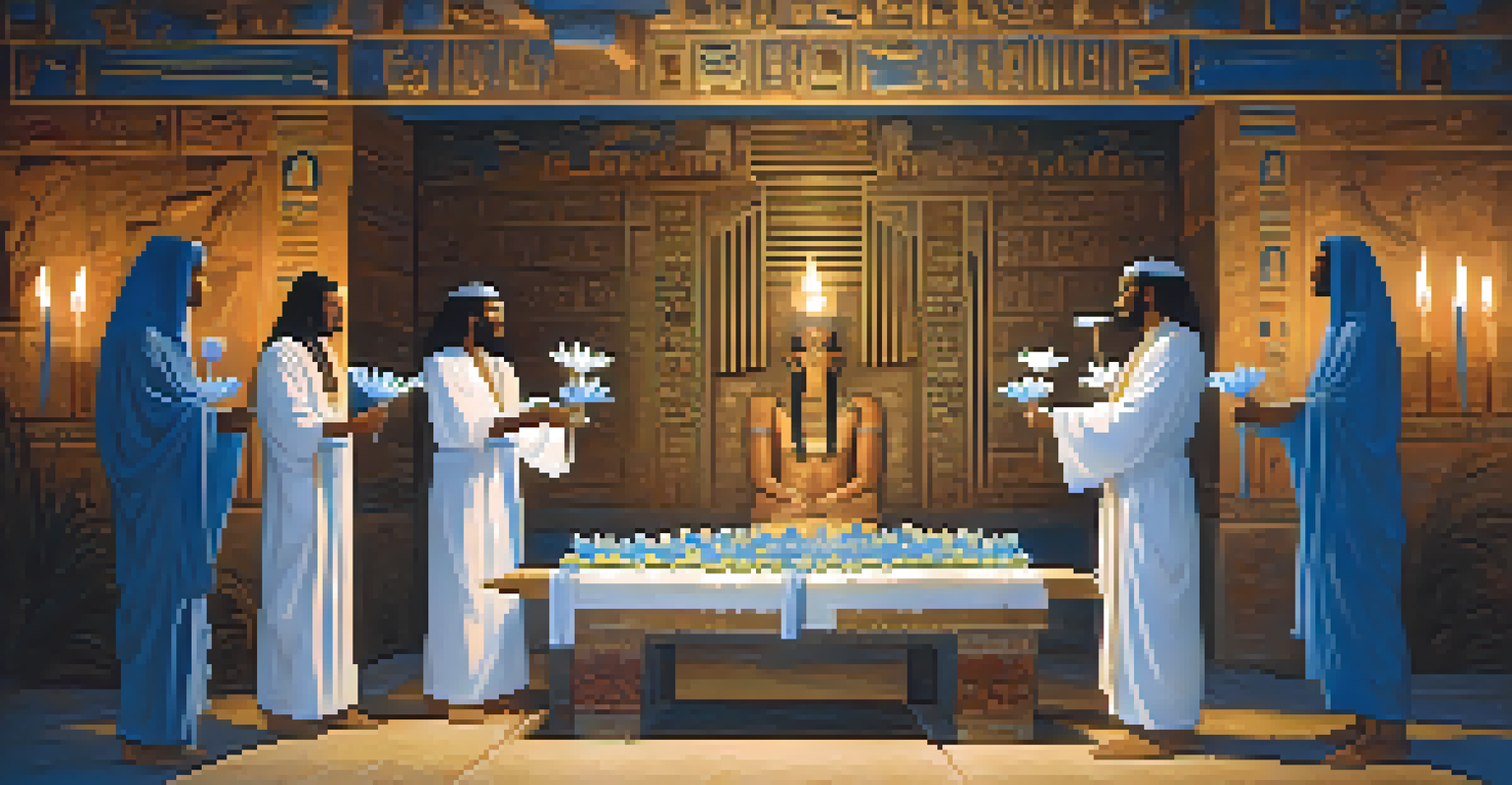 Ancient Egyptian priests conducting a ritual with blue lotus flowers in a candlelit setting adorned with hieroglyphics.