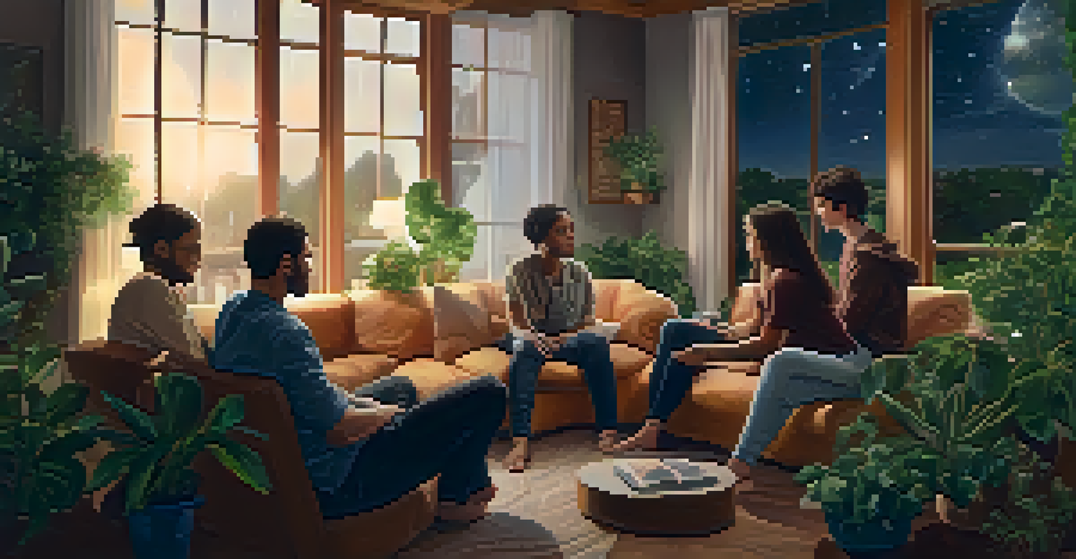 A group of people sitting in a circle in a warmly lit room, engaged in conversation, with plants and cushions around them.