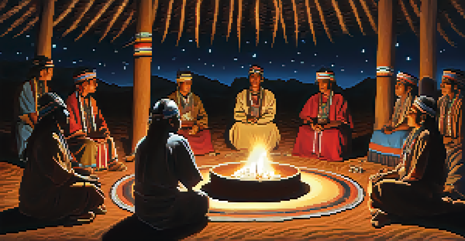 A peyote ceremony under a starry sky, with participants in traditional attire gathered in a circle around candles.