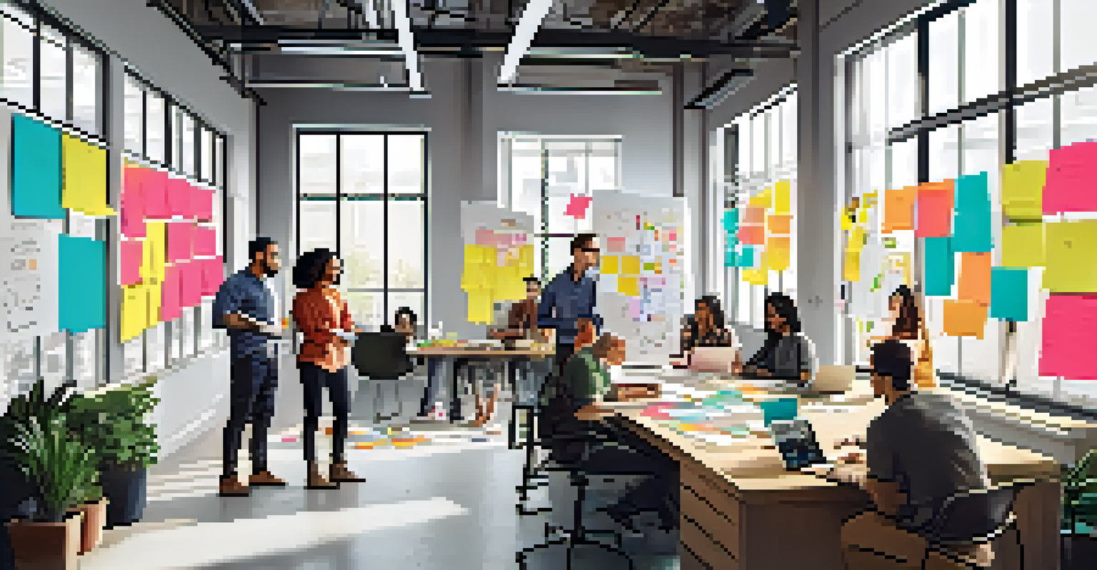 A bright and inviting workspace with a team of professionals collaborating on creative ideas around a table.