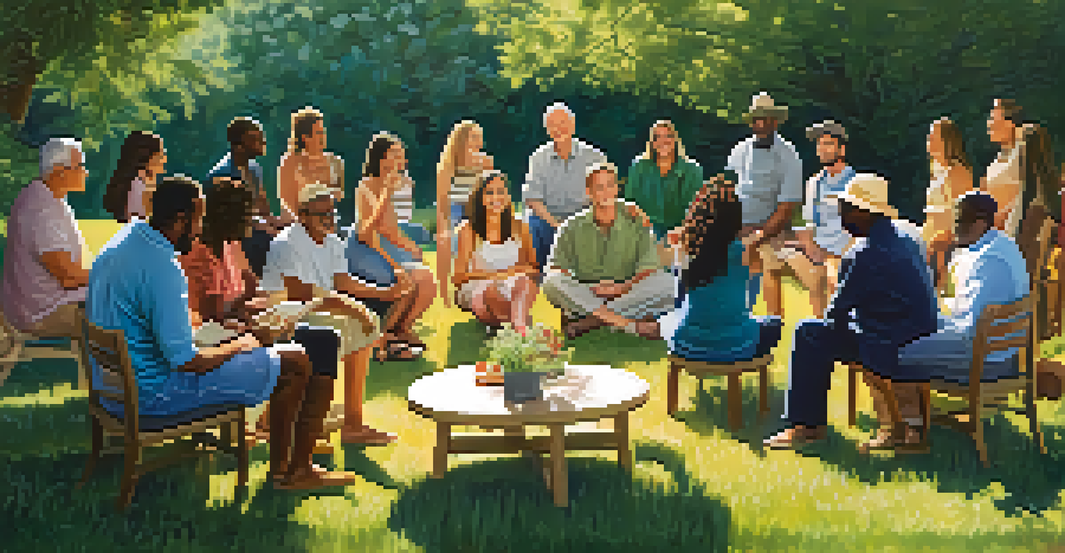A diverse community gathering in nature, with individuals sitting in a circle, engaged in discussion, surrounded by trees and flowers, reflecting unity and eco-consciousness.