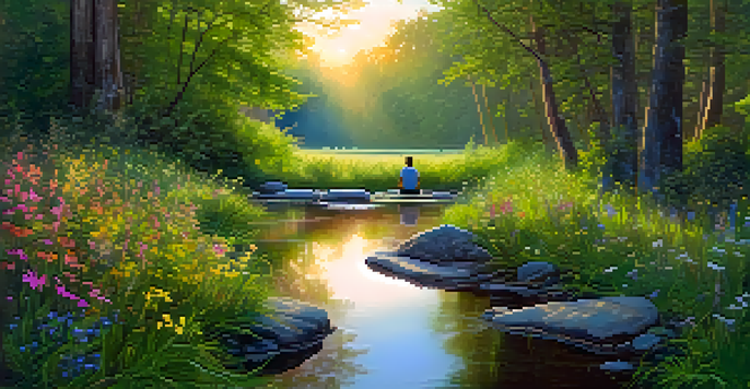 A peaceful forest at dawn with golden light, green leaves, and a person meditating by a stream.