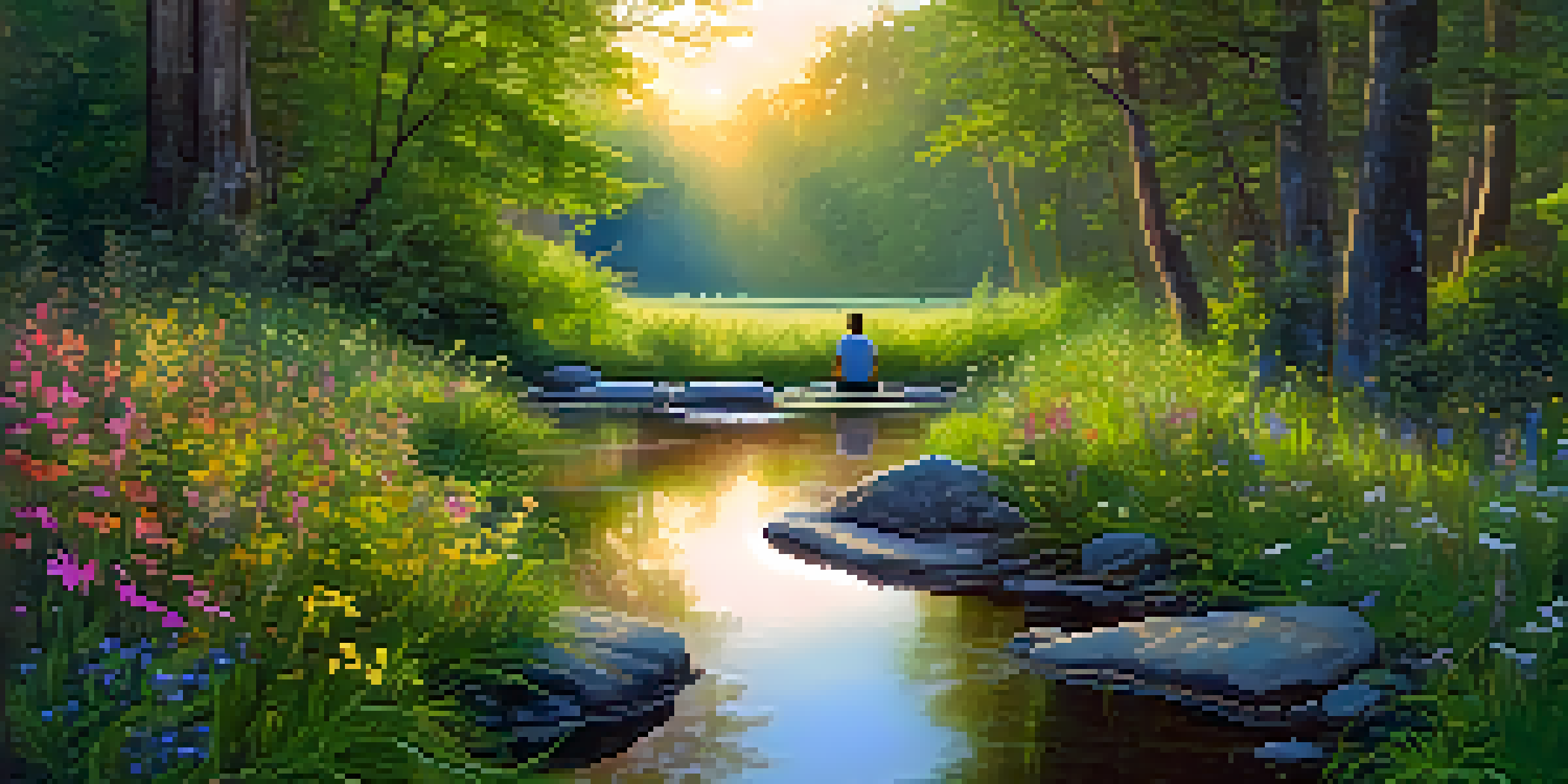 A peaceful forest at dawn with golden light, green leaves, and a person meditating by a stream.