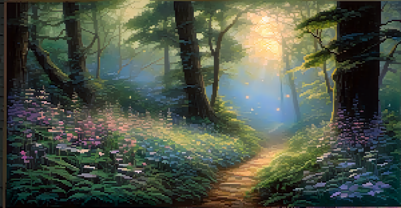 A serene twilight forest scene with bioluminescent plants glowing softly, showcasing rich textures and a winding path illuminated by gentle light.