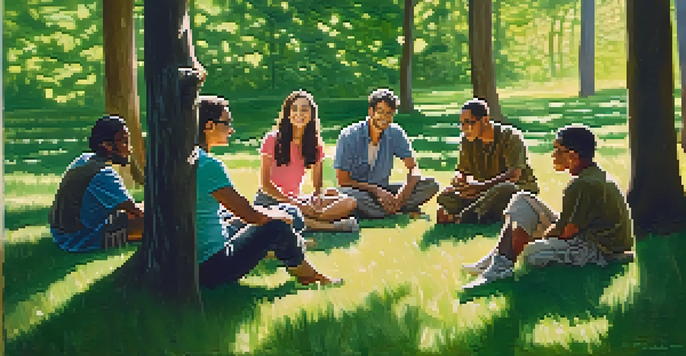 A diverse group of people sitting in a circle in a sunlit forest, discussing identity and community.