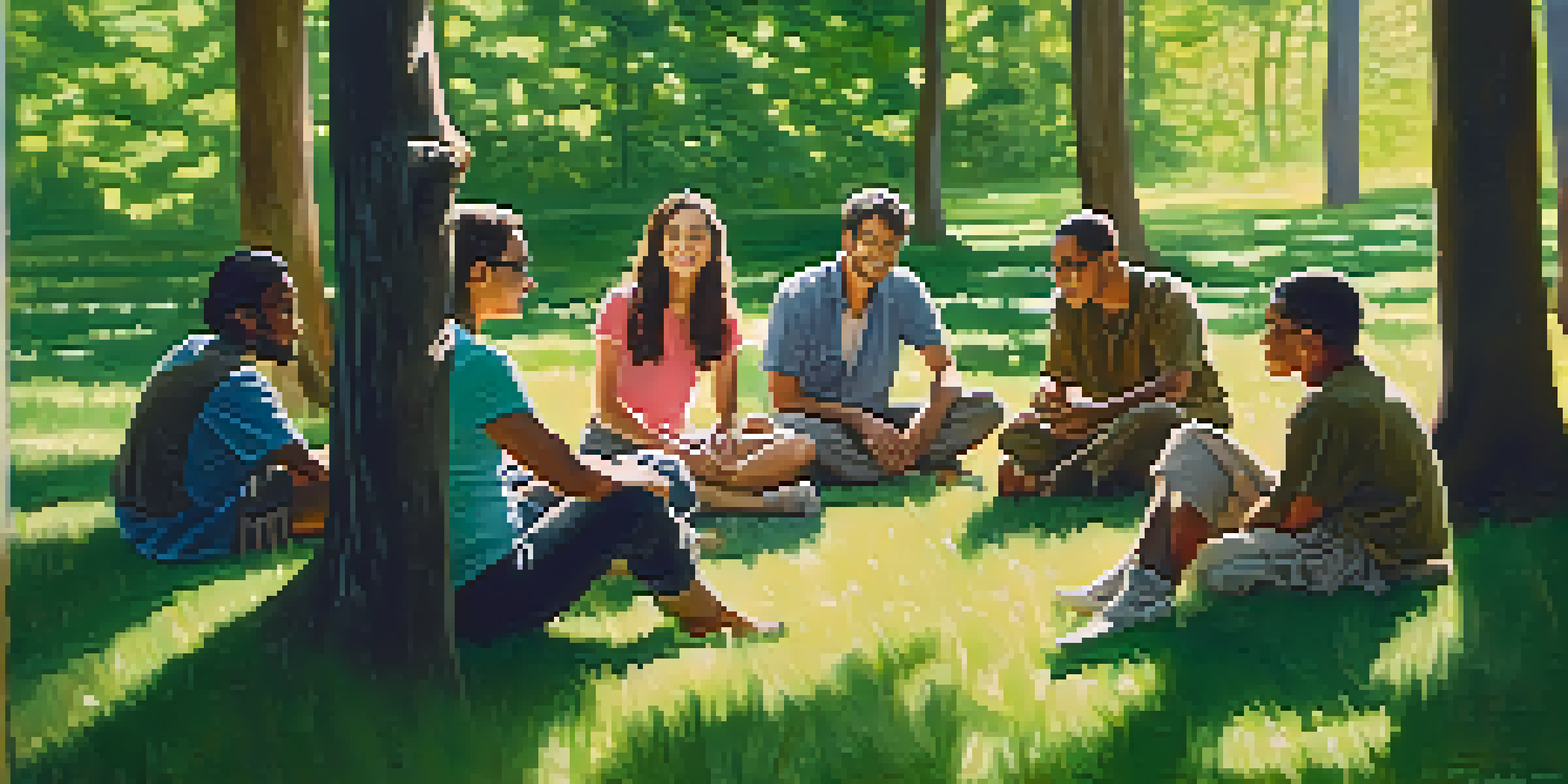 A diverse group of people sitting in a circle in a sunlit forest, discussing identity and community.