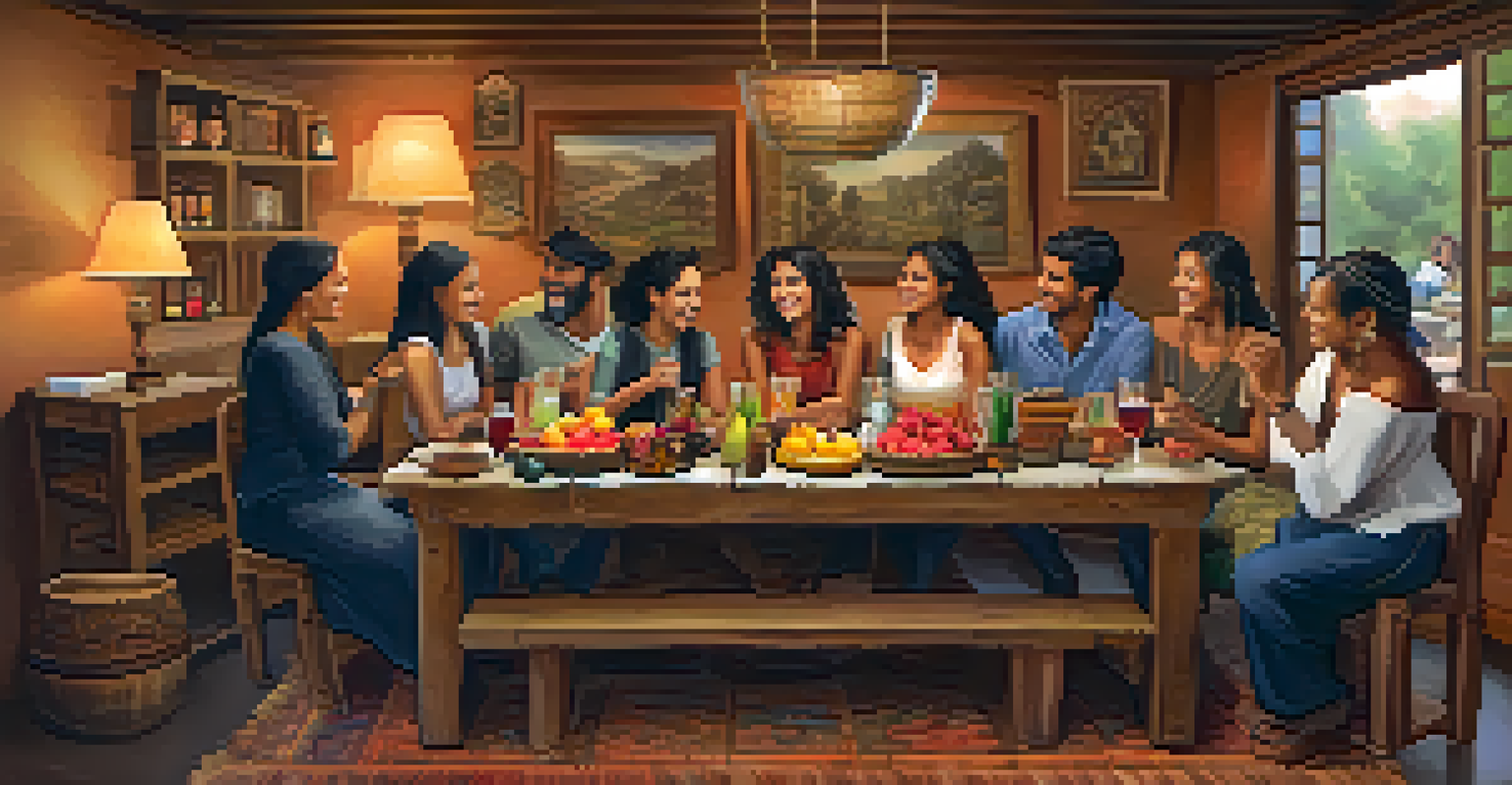 A cozy cultural gathering with diverse individuals sharing stories in a warmly lit room filled with traditional decor and an inviting atmosphere.