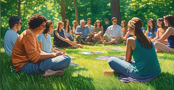 A diverse group of people sitting in a circle on grass, surrounded by trees and flowers, holding hands and reflecting together.