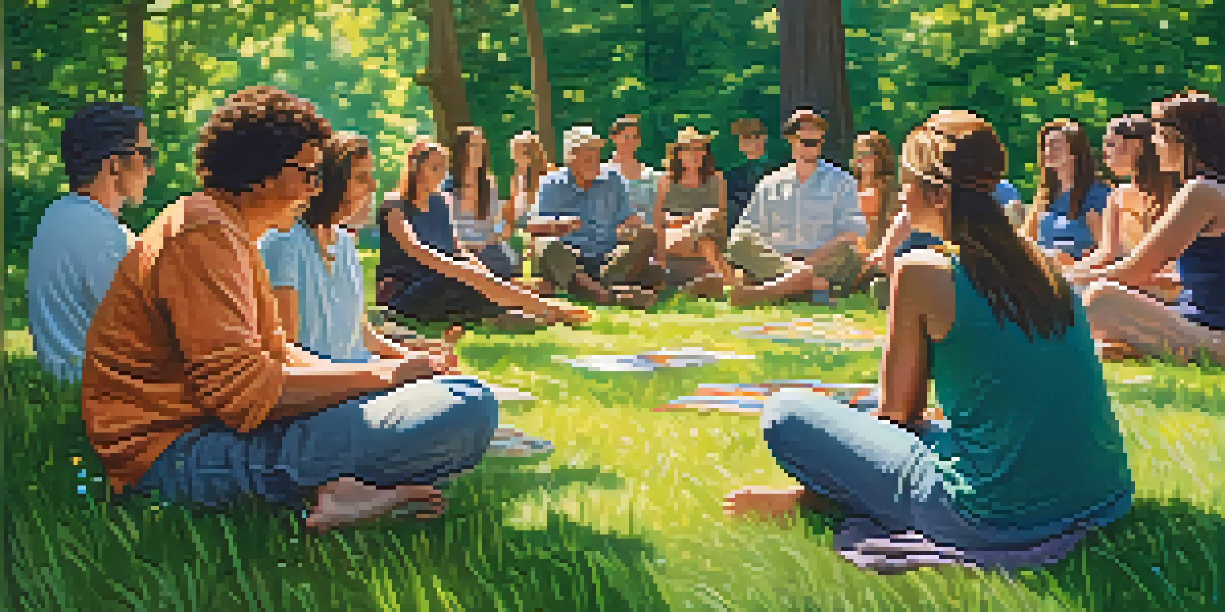 A diverse group of people sitting in a circle on grass, surrounded by trees and flowers, holding hands and reflecting together.