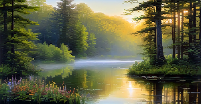 A peaceful forest at dawn with sunlight shining through trees, a pond reflecting the sky, and mist rising from the water.
