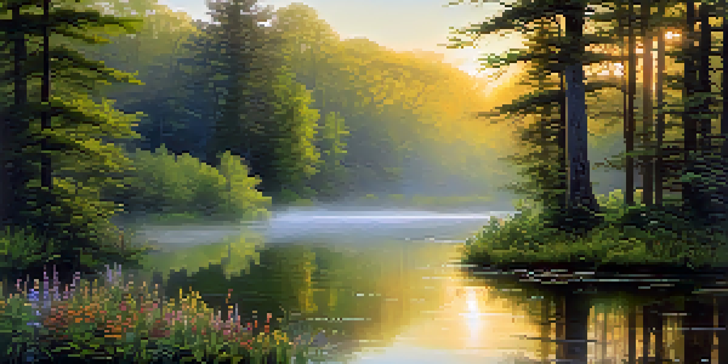 A peaceful forest at dawn with sunlight shining through trees, a pond reflecting the sky, and mist rising from the water.
