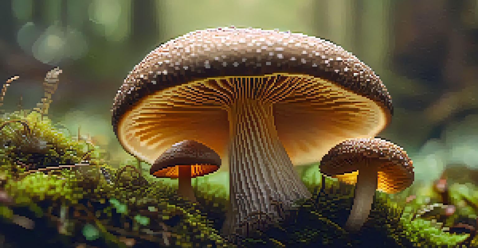 A close-up of a psilocybin mushroom on moss, highlighting its gills and texture with a soft, warm light.