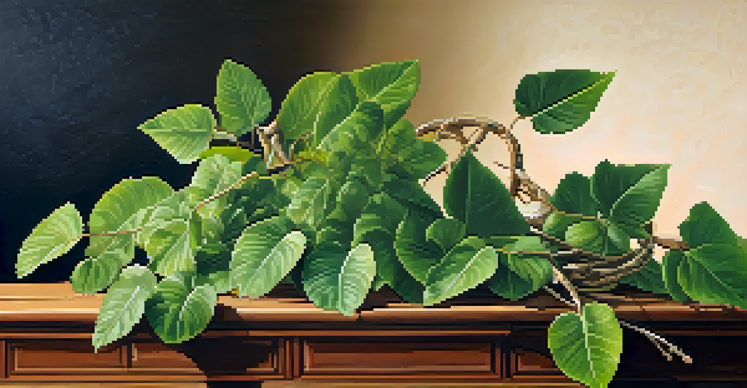 A close-up image of the Banisteriopsis caapi vine with detailed textures, placed on a wooden table with ceremonial tools.