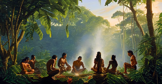 A peaceful Amazon rainforest at dawn with mist, indigenous people around a ceremonial fire, vibrant plants, and soft sunlight.