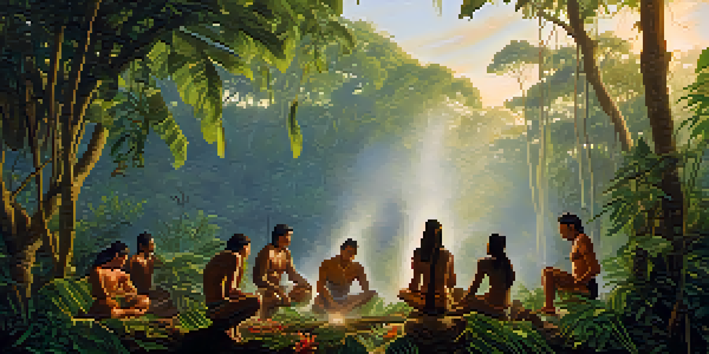 A peaceful Amazon rainforest at dawn with mist, indigenous people around a ceremonial fire, vibrant plants, and soft sunlight.