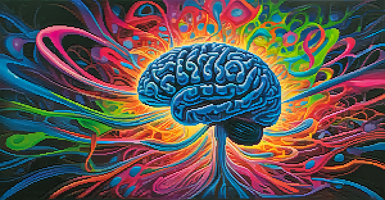 An abstract image of a brain surrounded by vibrant psychedelic patterns, showcasing the concept of neuroplasticity.