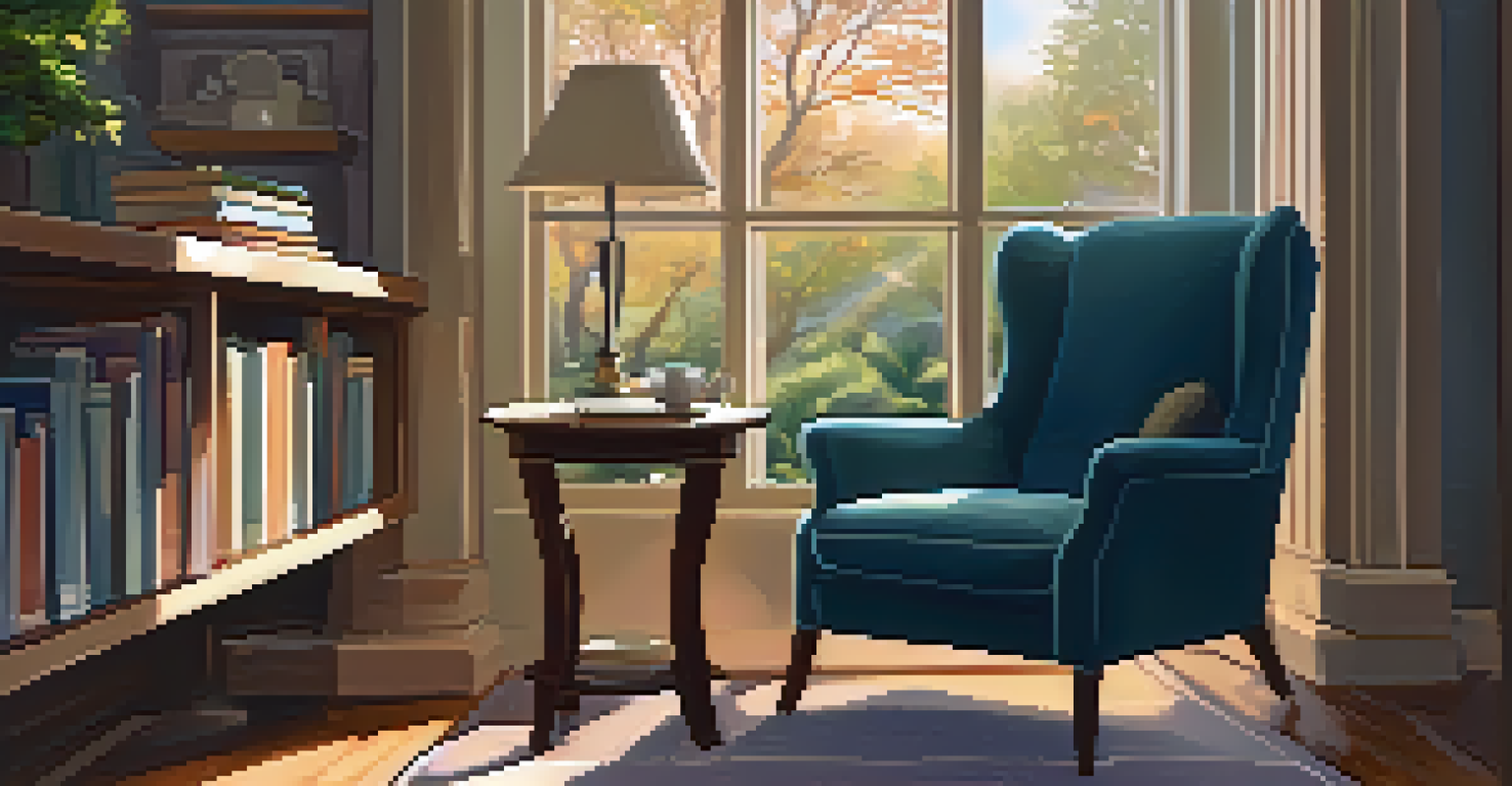A cozy reading nook with an armchair, books, a cup of tea, and a view of a tranquil garden through the window.