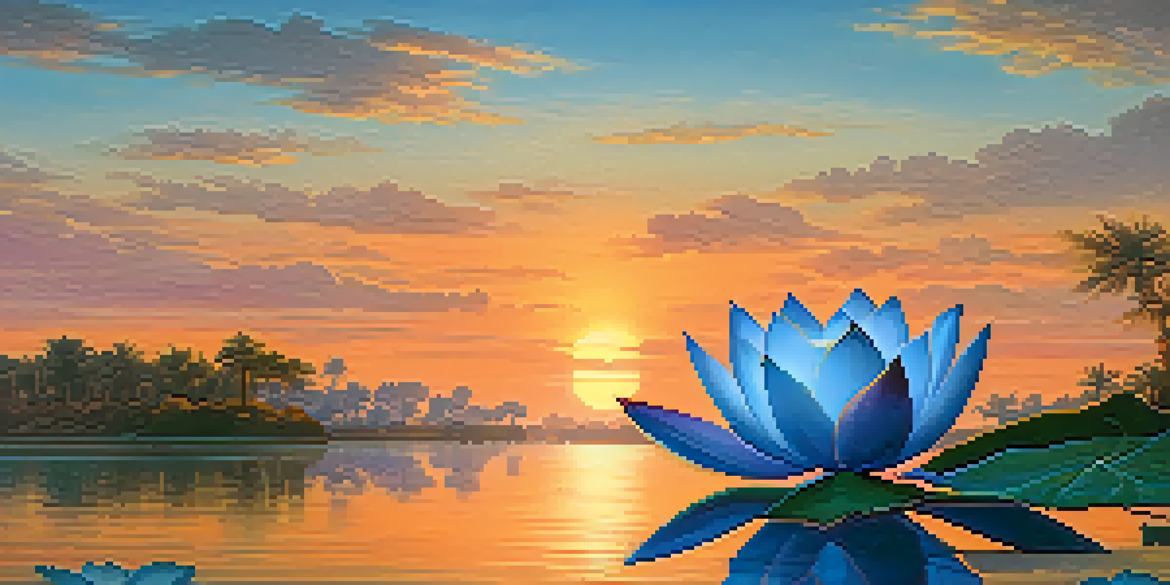 A blue lotus flower on the Nile river during sunset, with ancient Egyptian symbols in the background.