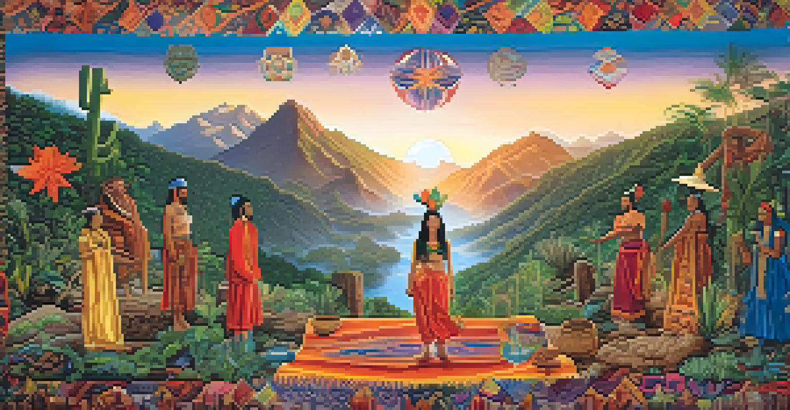 A colorful tapestry illustrating cultural symbols and gender roles in entheogenic practices, with natural landscapes and silhouettes.