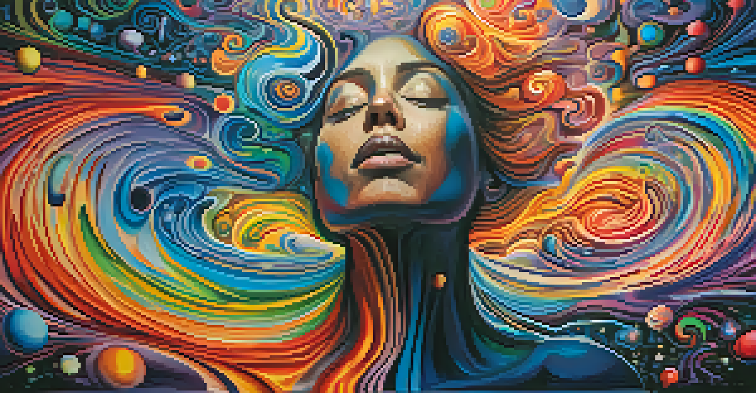 An abstract illustration of a vibrant mind with swirling patterns, representing thoughts and emotions transitioning from dark to light.