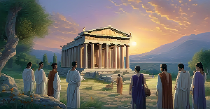 A peaceful ancient Greek landscape with temple ruins and people in white robes participating in a ritual with a ceremonial bowl.