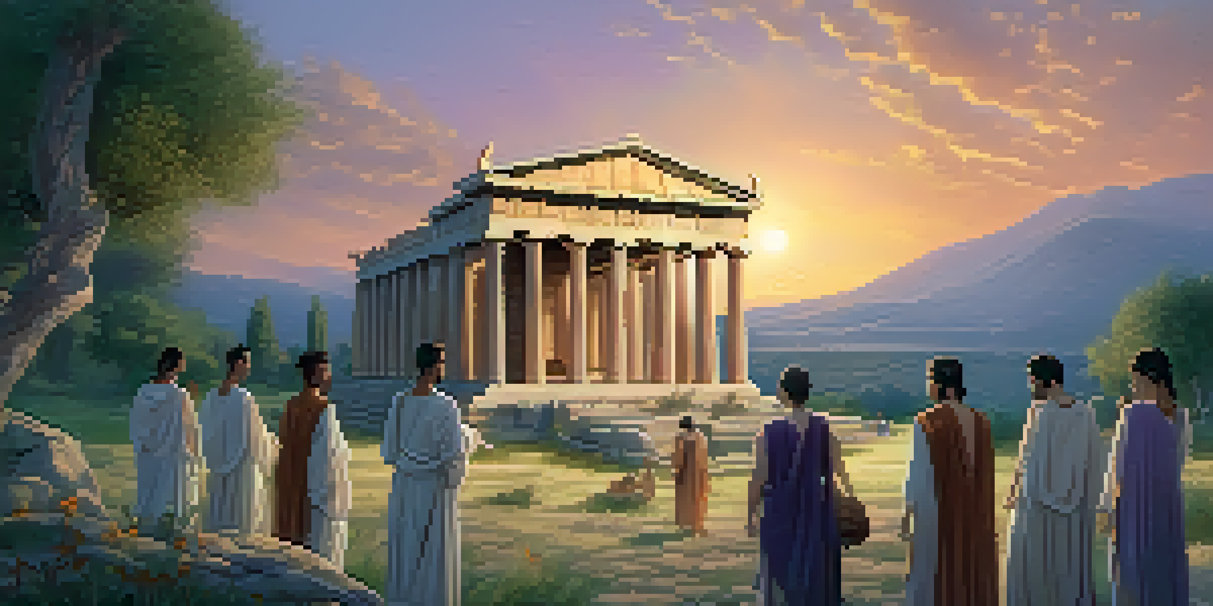 A peaceful ancient Greek landscape with temple ruins and people in white robes participating in a ritual with a ceremonial bowl.