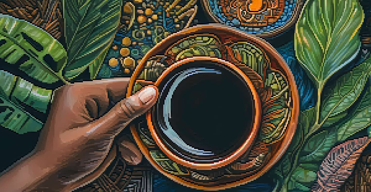 A close-up of a hand holding a rustic ceramic cup filled with Ayahuasca brew, surrounded by blurred jungle plants and soft sunlight.