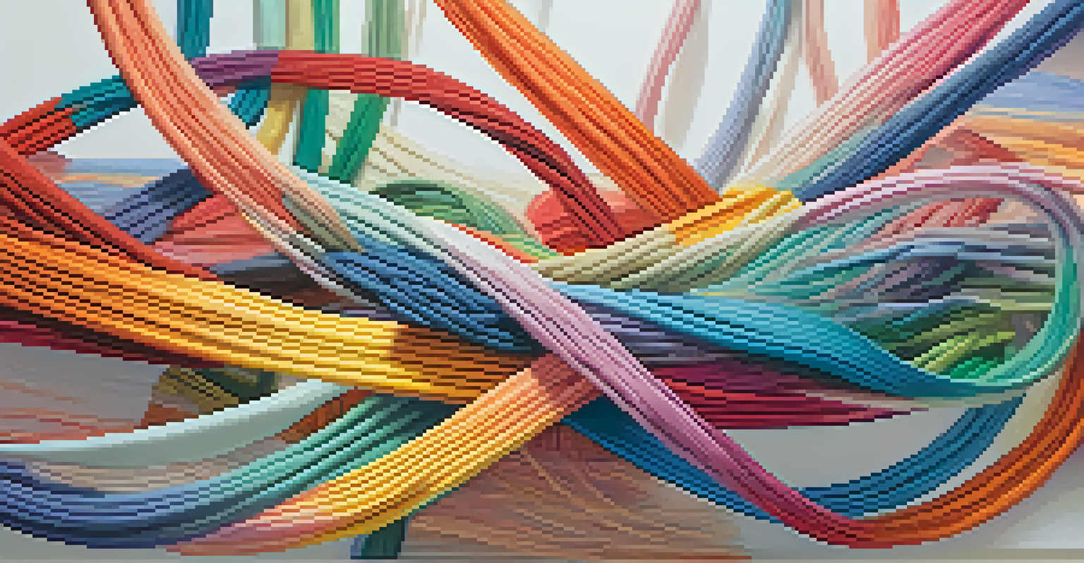 An abstract image depicting colorful threads weaving through different shapes, symbolizing unity and interconnectedness against a pastel gradient background.