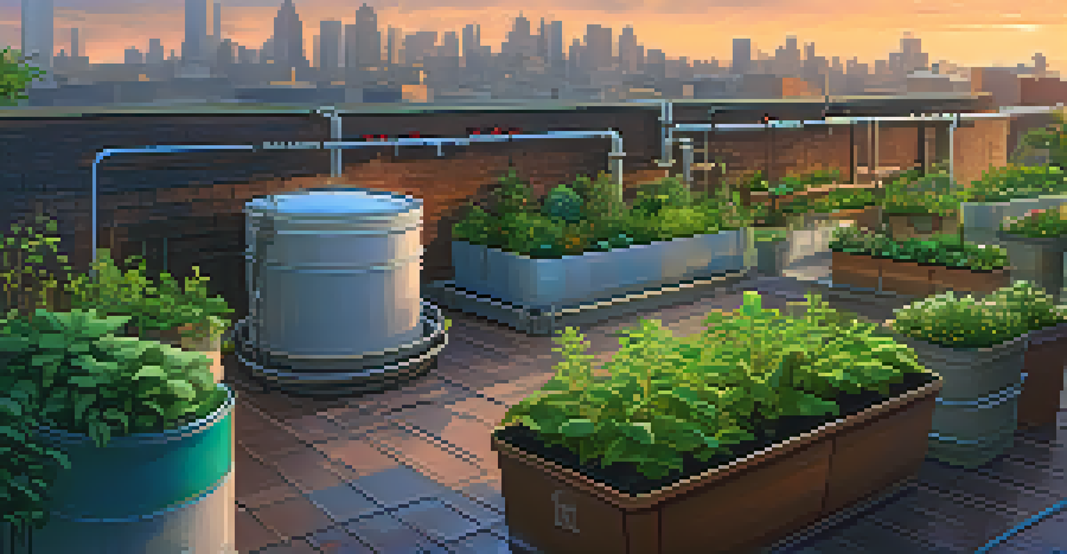 An urban rooftop garden showcasing sustainable entheogen cultivation with green plants, drip irrigation systems, and a city skyline at sunset.