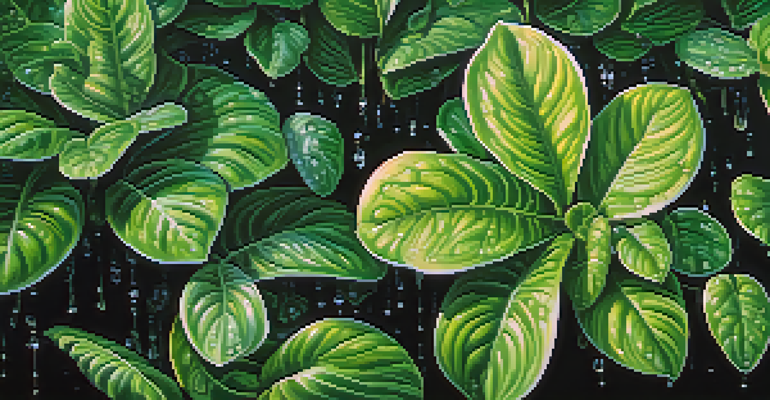 A close-up of vibrant entheogenic plants with droplets of water on their leaves and rich soil, set against a softly blurred background of more plants.