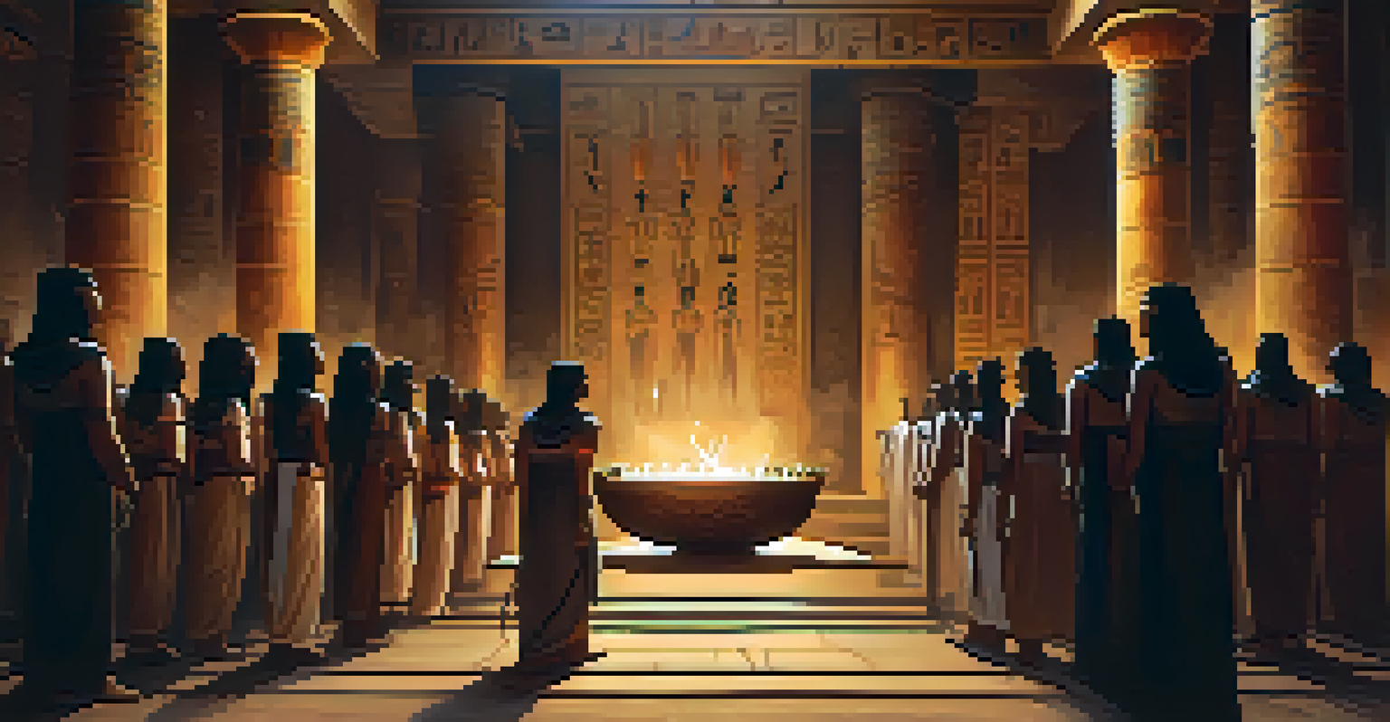 Ancient Egyptian priests performing a ritual in a dimly lit temple with hieroglyphics on the walls.