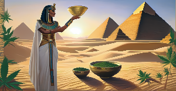 An ancient Egyptian priestess performing a ritual with cannabis leaves, set against the pyramids during a sunset.