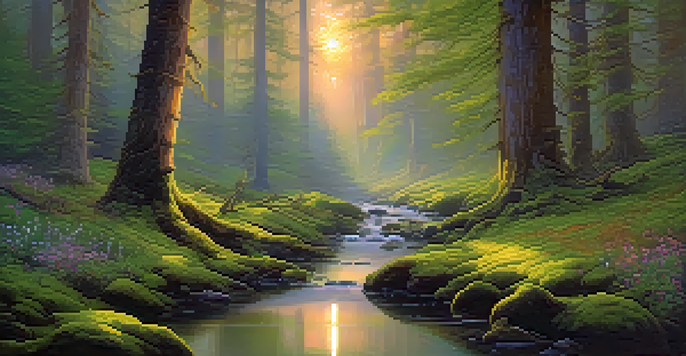 A peaceful forest at dusk with mist, ancient trees, warm light, and a clear stream.