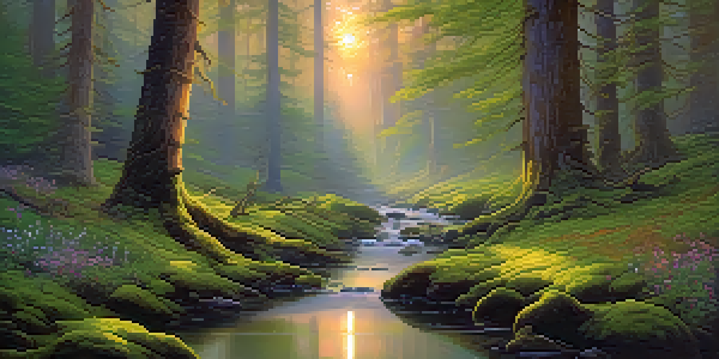 A peaceful forest at dusk with mist, ancient trees, warm light, and a clear stream.