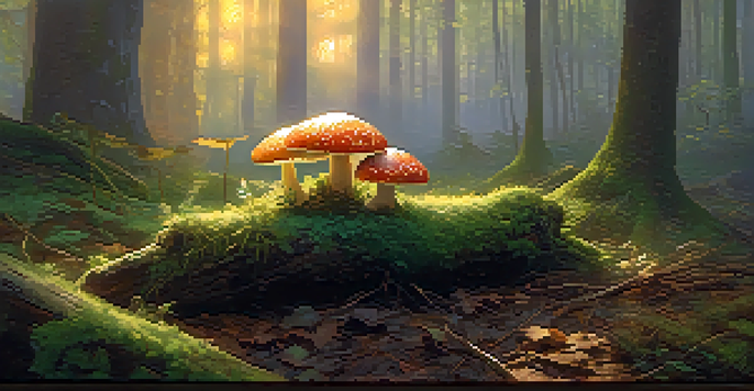 A peaceful forest with sunlight filtering through leaves and mist rising from the ground, featuring colorful mushrooms.