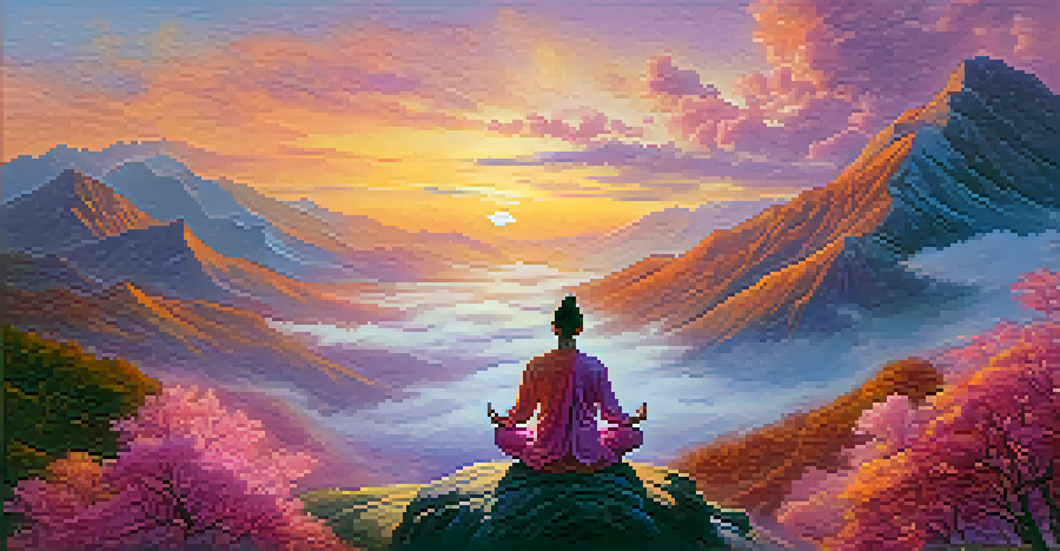 A person meditating on a mountaintop during sunset, surrounded by colorful clouds and a vast landscape.