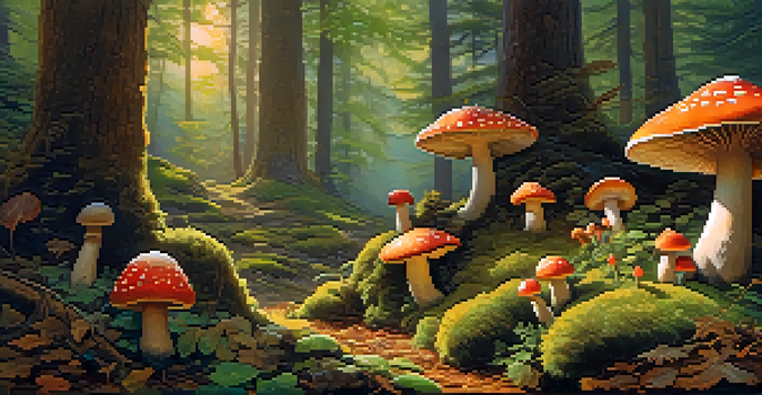 A picturesque forest scene with colorful mushrooms growing among moss and leaves, illuminated by soft sunlight.