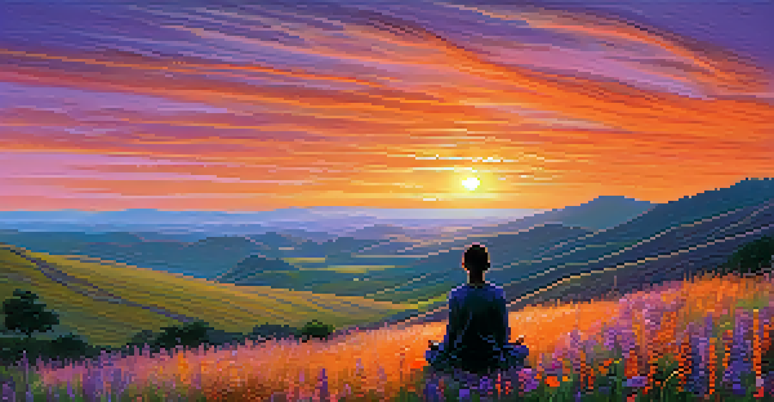 A silhouette of a person meditating on a hilltop during a vibrant sunset with wildflowers in the foreground.