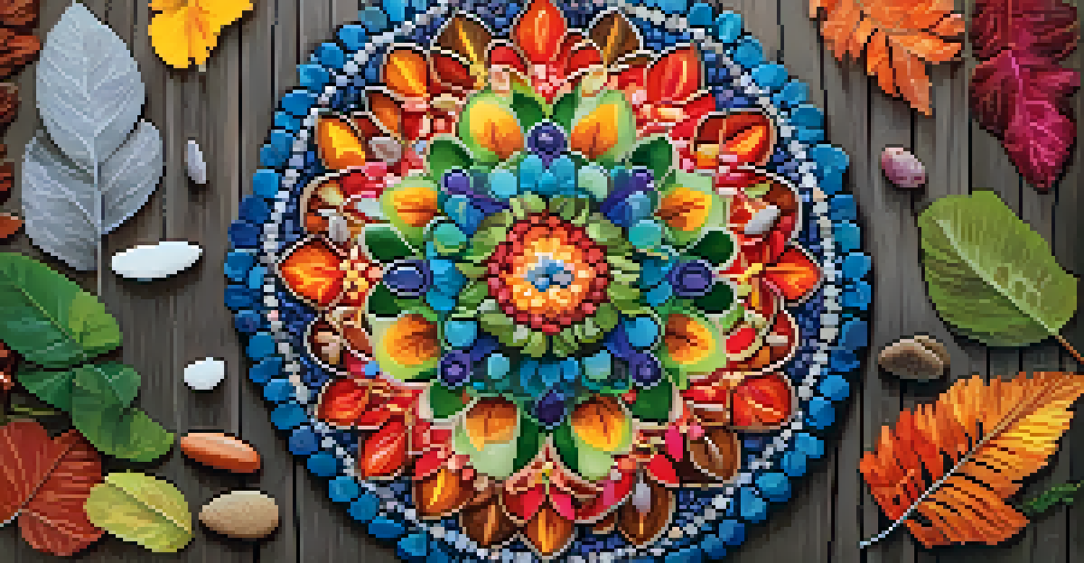 A colorful mandala made from leaves, petals, and stones on a wooden surface, symbolizing harmony with nature.