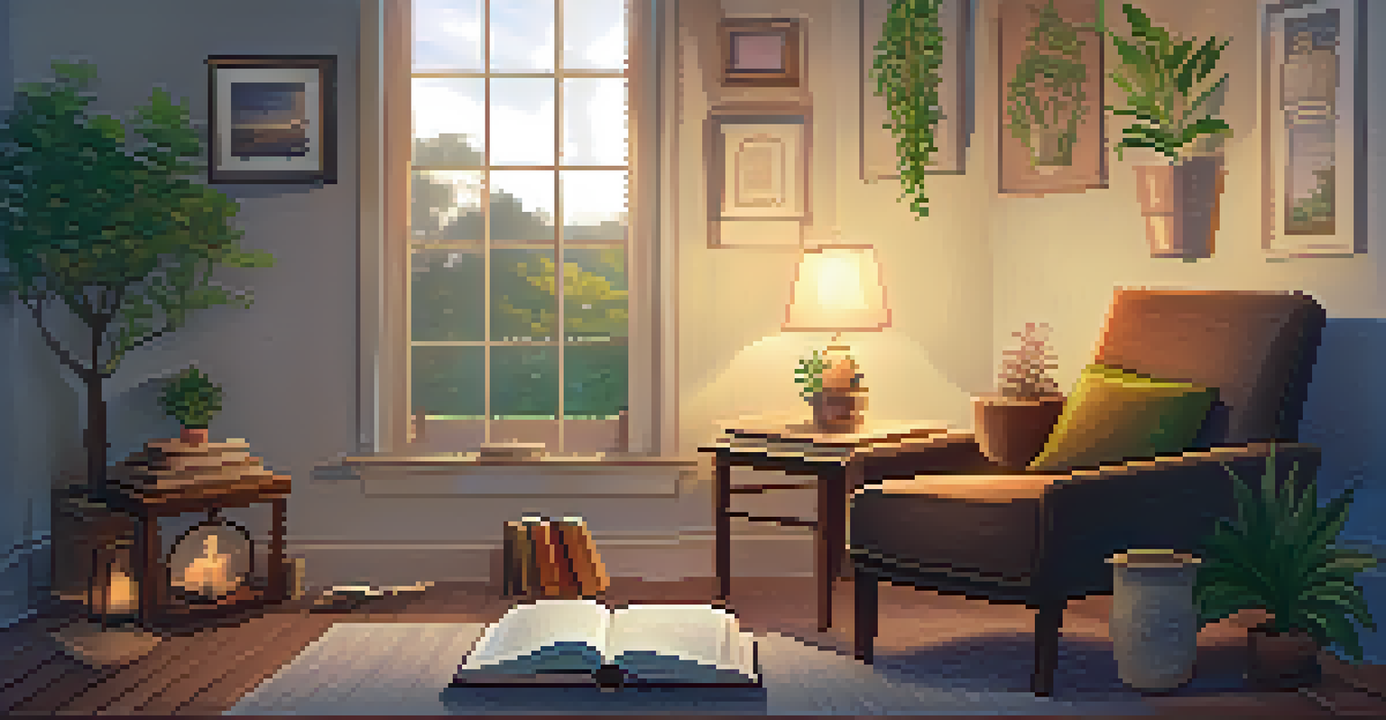 A cozy room with soft lighting, a table with candles and a journal, creating a space for reflection.