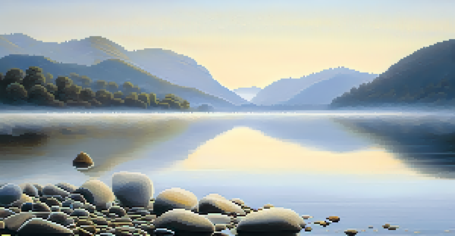 A serene lake reflecting mountains, with mist and smooth stones in the foreground during early morning light.
